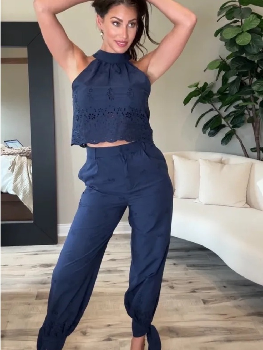 Commense Navy Eyelet Tie Hem Wide Leg Pants And Top set - Picture 3 of 9